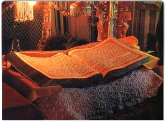 Siri Guru Granth Sahib Ji resting on the palki sahib